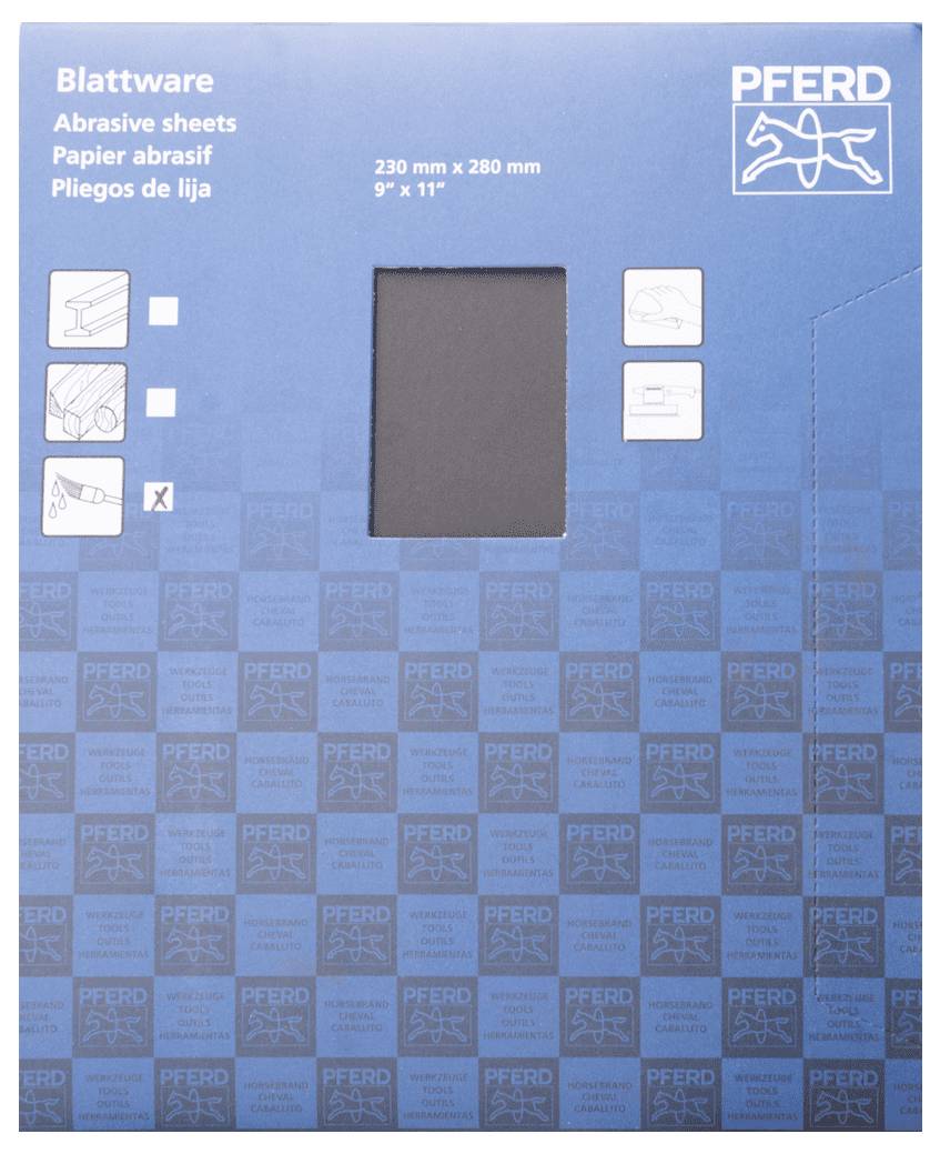 Blauer Kartonumschlag für Schleifpapier der Marke PFERD, mit Abmessungen 230 x 280 mm und 'Abrasive sheets' in mehreren Sprachen.