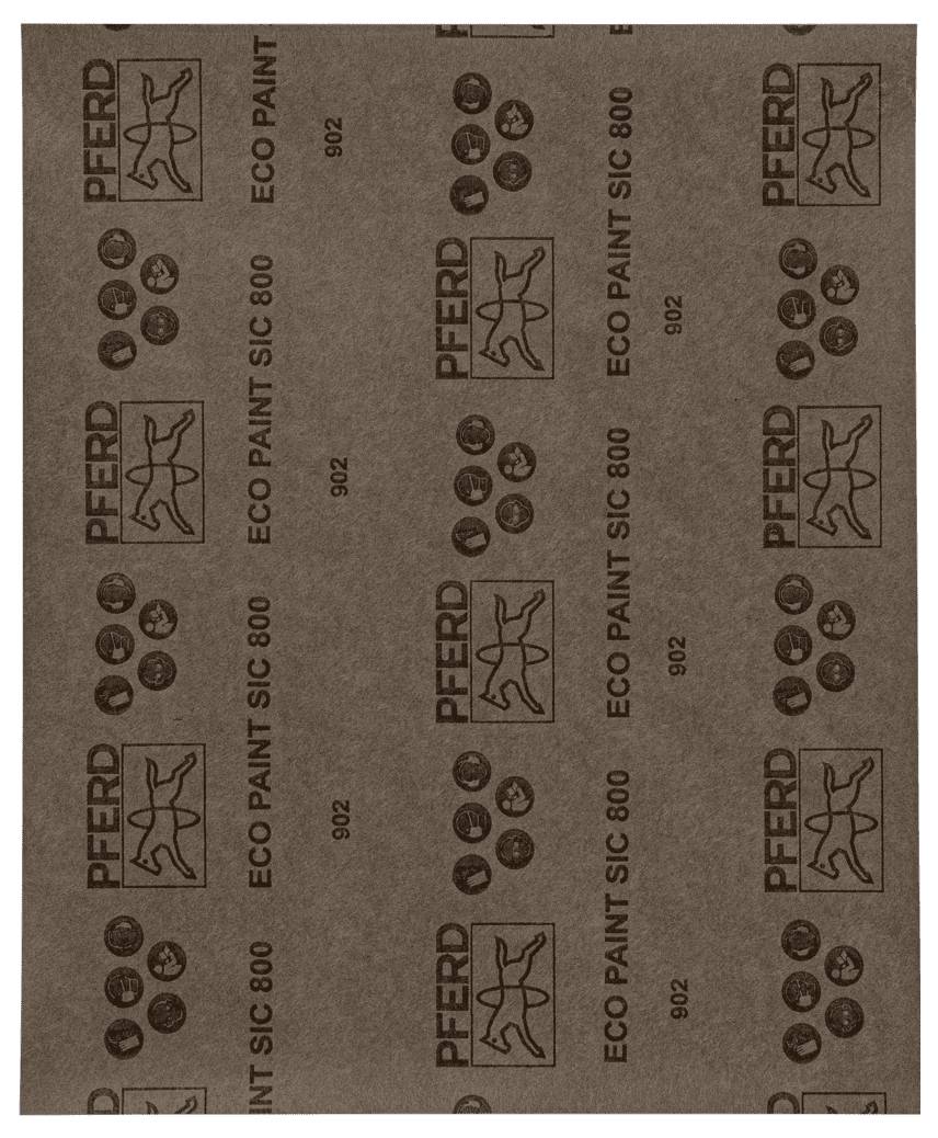 Braunes Schleifpapier mit Aufschriften 'Pferd', 'Eco Paint SIC 800', Logos und der Nummer '902'.