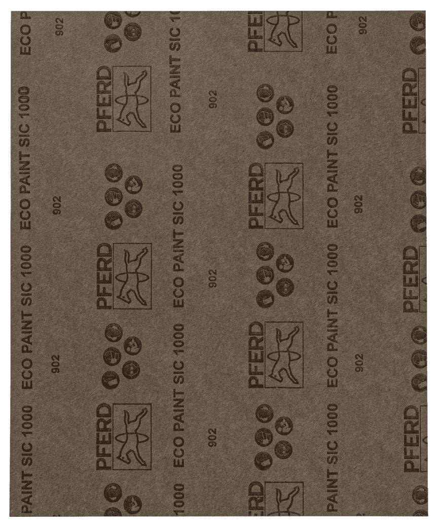 Sandpapier mit der Aufschrift 'Pferd Eco Paint SIC 1000 902', symmetrisch angeordnet, zeigt Markenlogo und Körnungsinformationen.