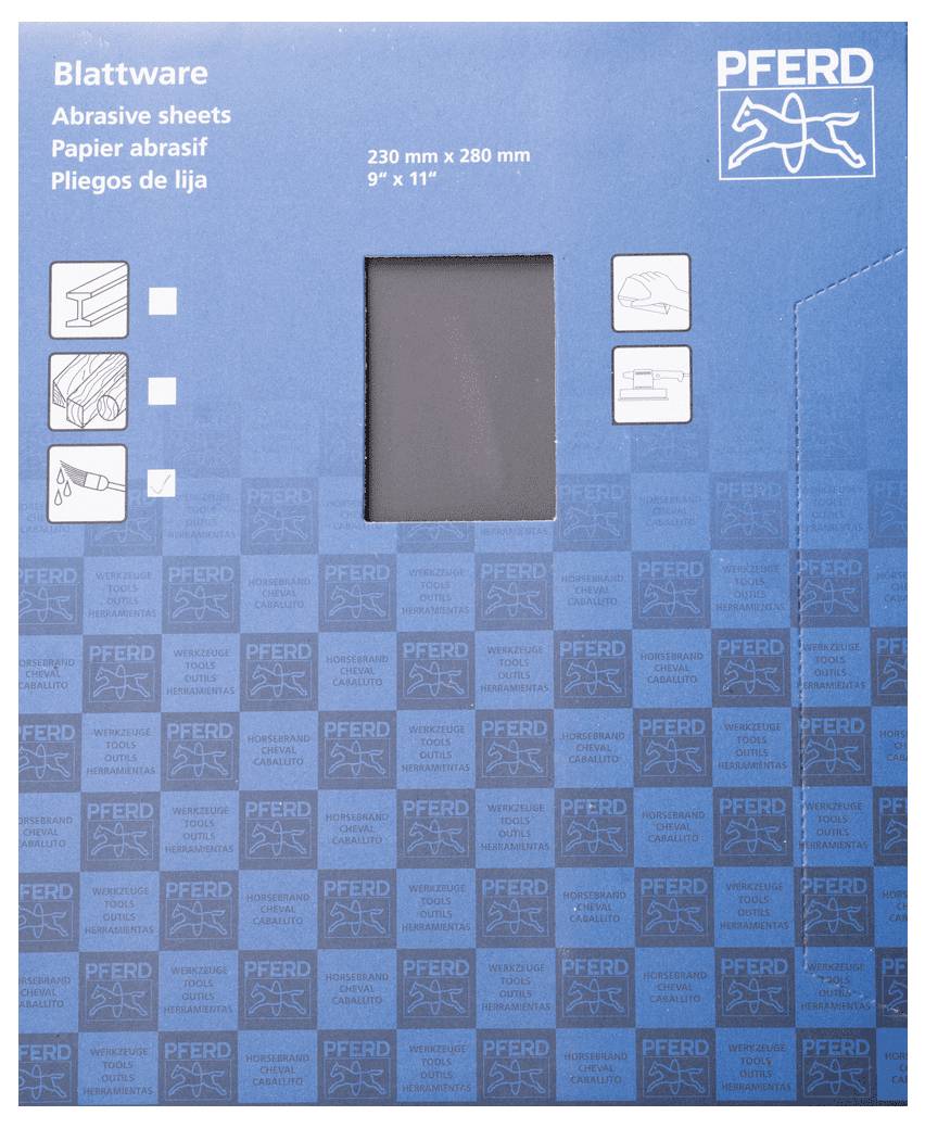 Abriebfestes Papier von 'PFERD', Blattware, 230 x 280 mm, auf blauem Hintergrund mit Logos. Verpackung zeigt stilisierte Anwendungen.