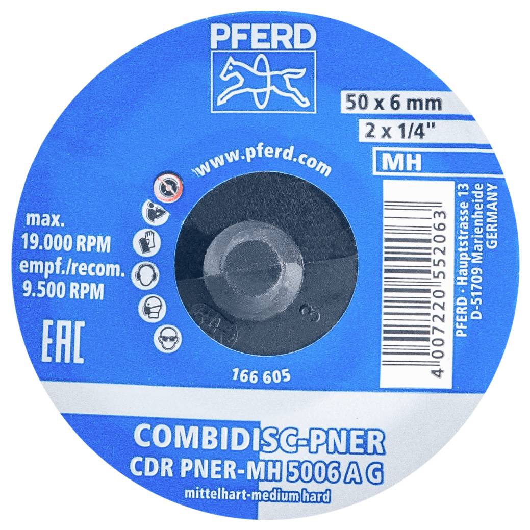 Runde blaue Schleifscheibe mit Informationen: 'PFERD, max. 19.000 RPM, CDR PNER-MH 5006 A G, Ø 50 x 6 mm, made in Germany'.