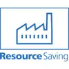 Ein blaues Symbol einer Fabrik mit Schornstein und das Wort 'Resource Saving' darunter. Symbolisiert Ressourcenschonung.
