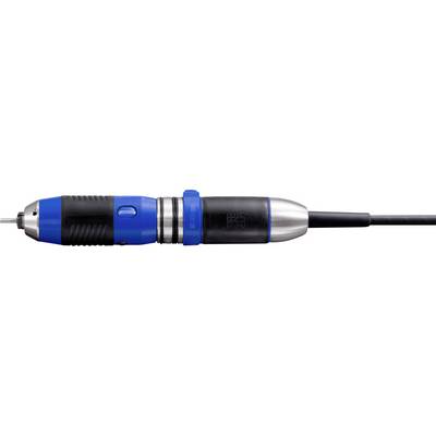 Elektrische Bohrmaschine in Schwarz und Blau mit Netzkabel. Frontalansicht zeigt den Bohrkopf mit Spannfutter.