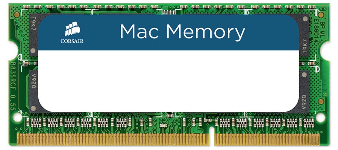 Grüner RAM-Speicherchip mit Beschriftung 'Mac Memory' auf blauem Hintergrund. Markenlogo links oben.