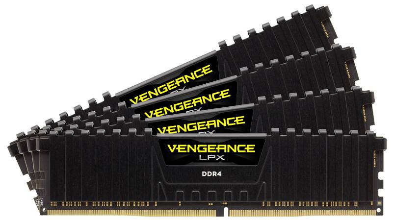 Vier Corsair Vengeance LPX DDR4 RAM-Module in schwarzer Farbe, gestapelt.