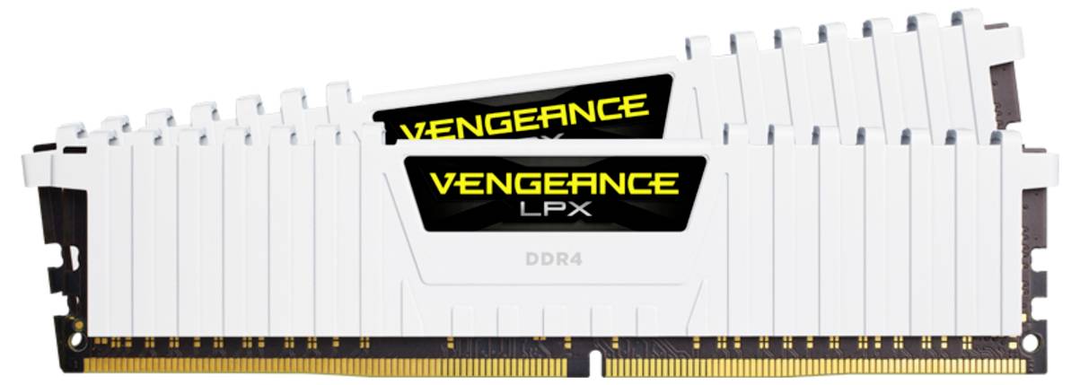 Zwei weiße Corsair Vengeance LPX DDR4-RAM-Module in Nahaufnahme. Sie sind für Hochleistung und Übertaktung in Computern geeignet.