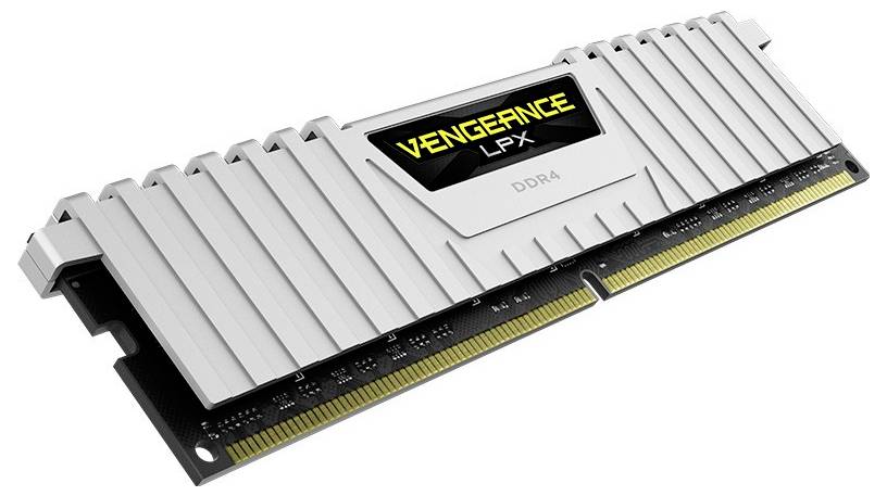 Ein weißer DDR4 RAM-Riegel mit Kühlkörper und der Aufschrift 'Vengeance LPX' in gelb und schwarz auf der Oberseite.