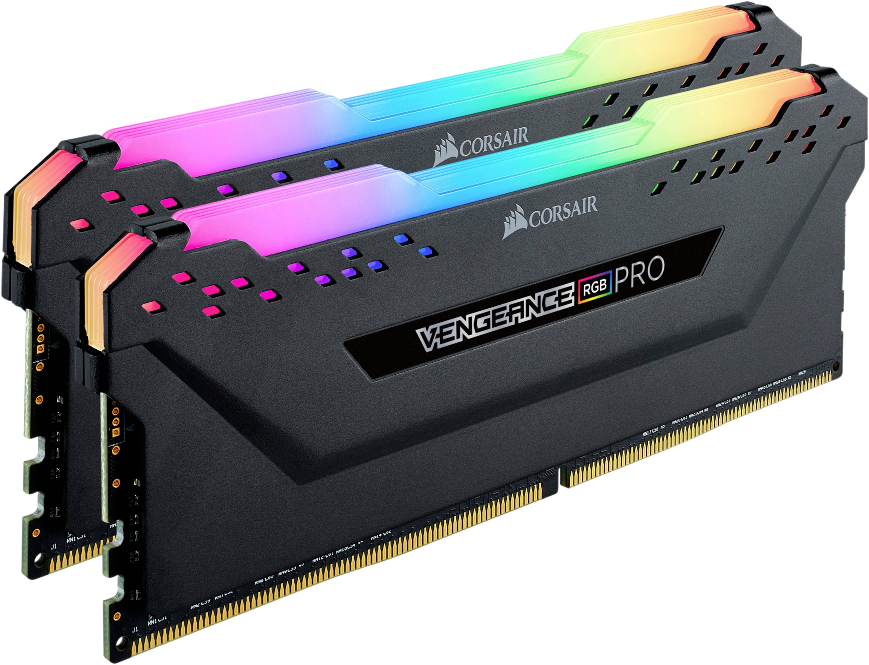 Zwei Corsair Vengeance RGB PRO Arbeitsspeichermodule mit leuchtenden, mehrfarbigen LED-Streifen oben.