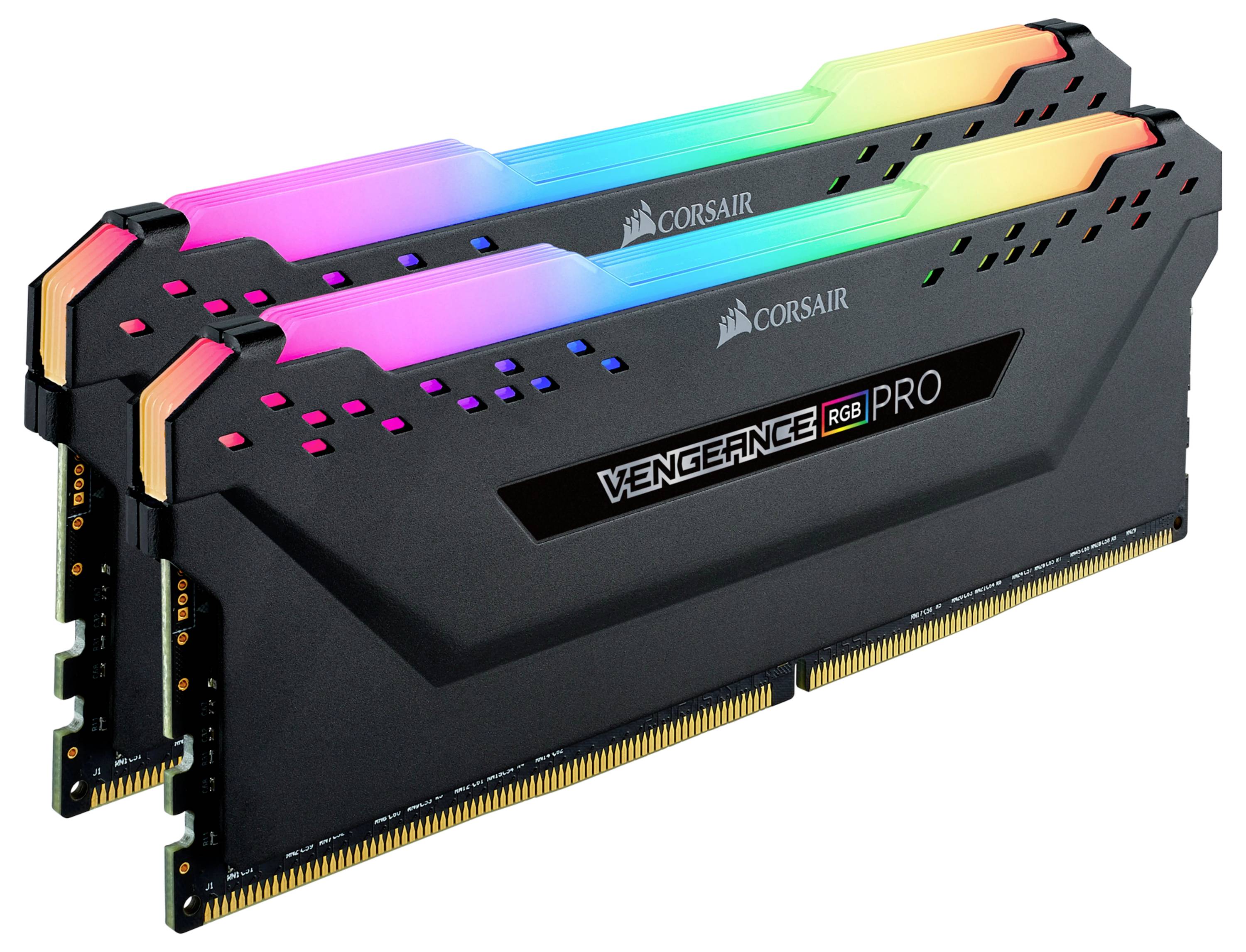 Zwei Corsair Vengeance RGB PRO RAM-Module, schwarz mit bunter RGB-Beleuchtung oben, für Desktop-Computer-Upgrade.