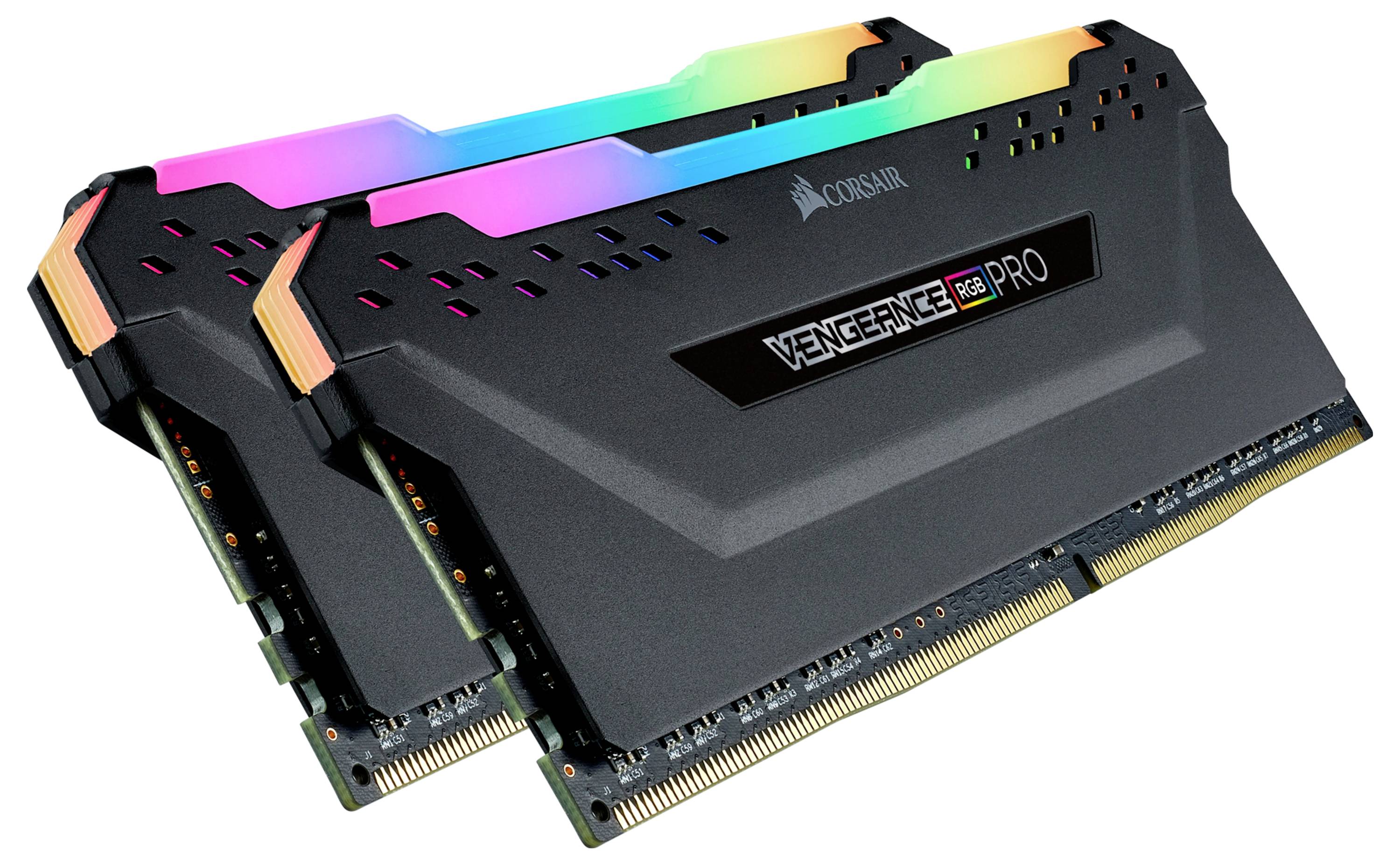 Zwei Corsair Vengeance RGB Pro RAM-Module mit leuchtenden RGB-Lichtern, bekannt für hohe Leistung in Gaming-PCs.