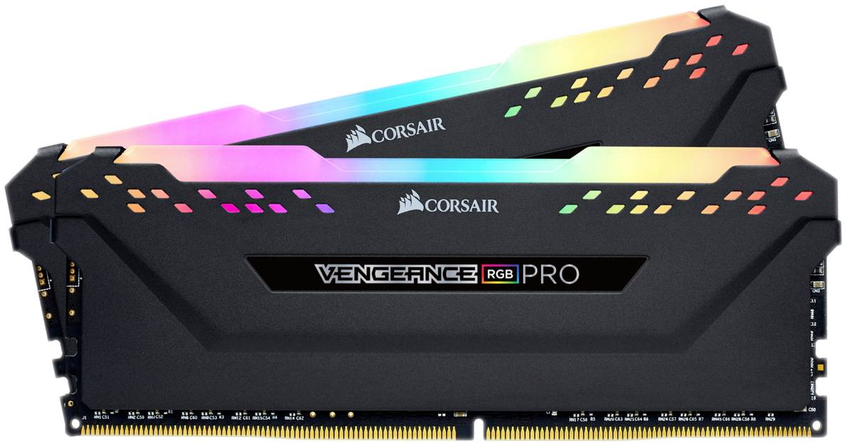 Zwei Corsair Vengeance RGB Pro RAM-Module mit leuchtenden RGB-Lichtern.