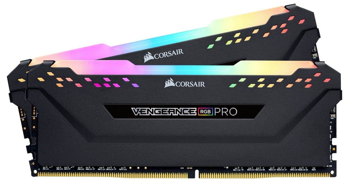 Zwei Corsair Vengeance RGB Pro RAM-Module mit leuchtenden, bunten LEDs, vor weißem Hintergrund.