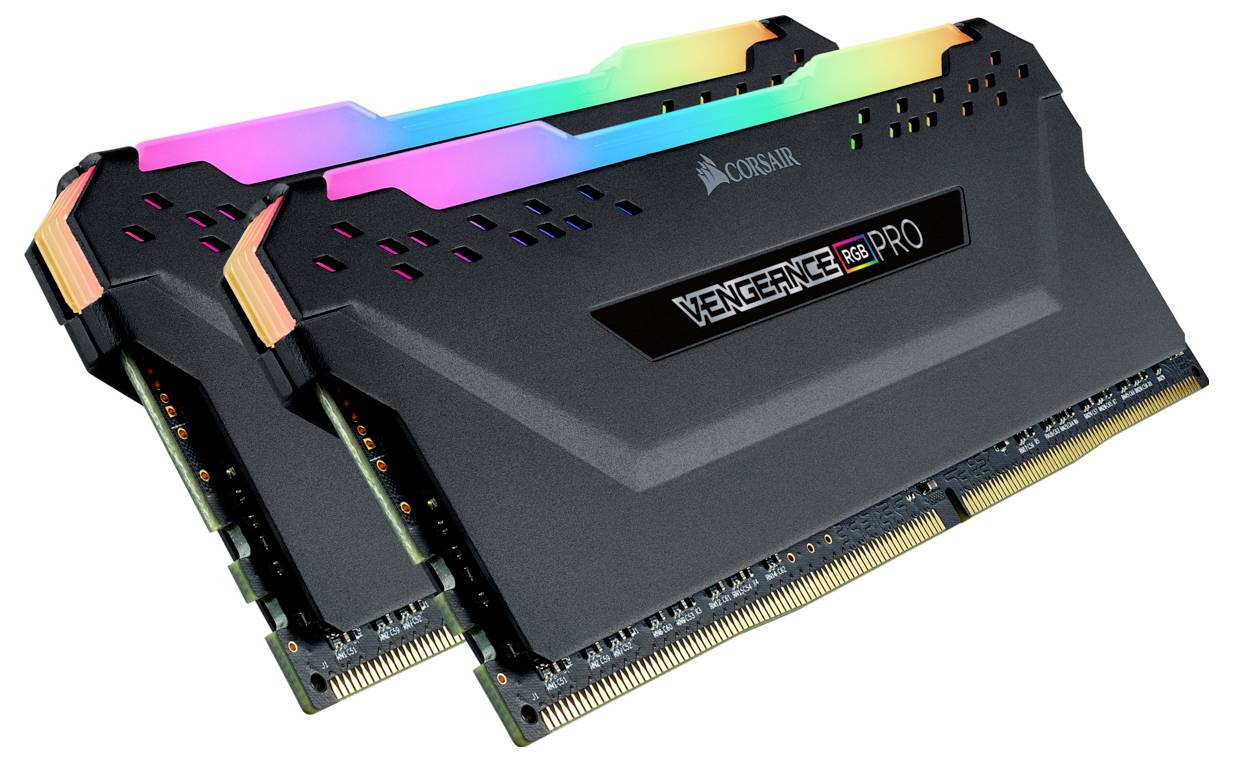 Zwei Corsair Vengeance RGB Pro RAM-Module mit RGB-Beleuchtung, geeignet für Gaming-PCs, bieten hohe Leistung und anpassbares Design.