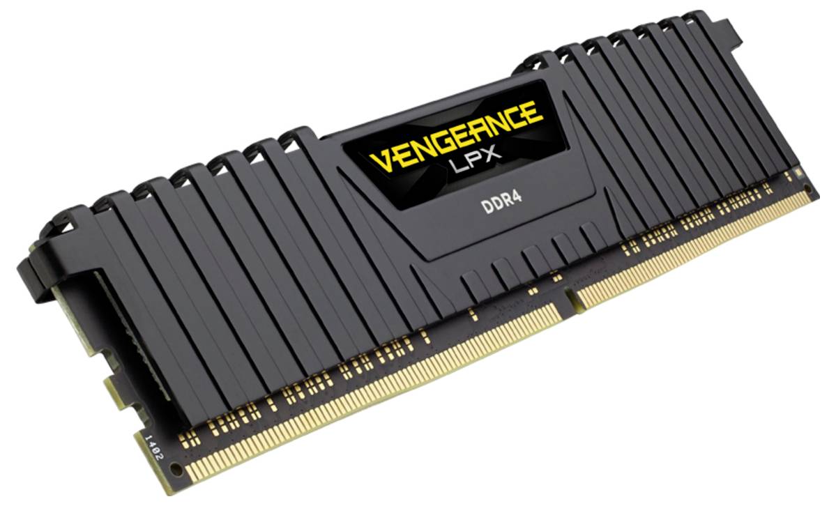 Ein DDR4-RAM-Modul der Serie Vengeance LPX, schwarz mit gelben Akzenten. Entwickelt für Hochleistung und Übertaktung.