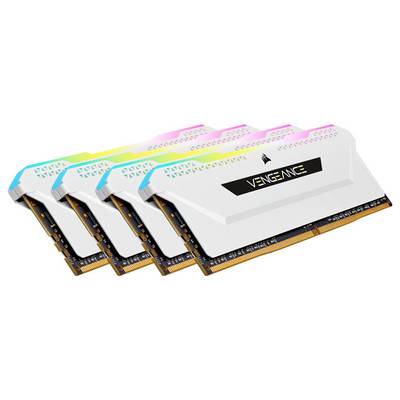 Vier weiße RAM-Sticks mit RGB-Beleuchtung, aufgereiht nebeneinander. Markiert mit 'Vengeance'. Geeignet für leistungsstarke Computer.