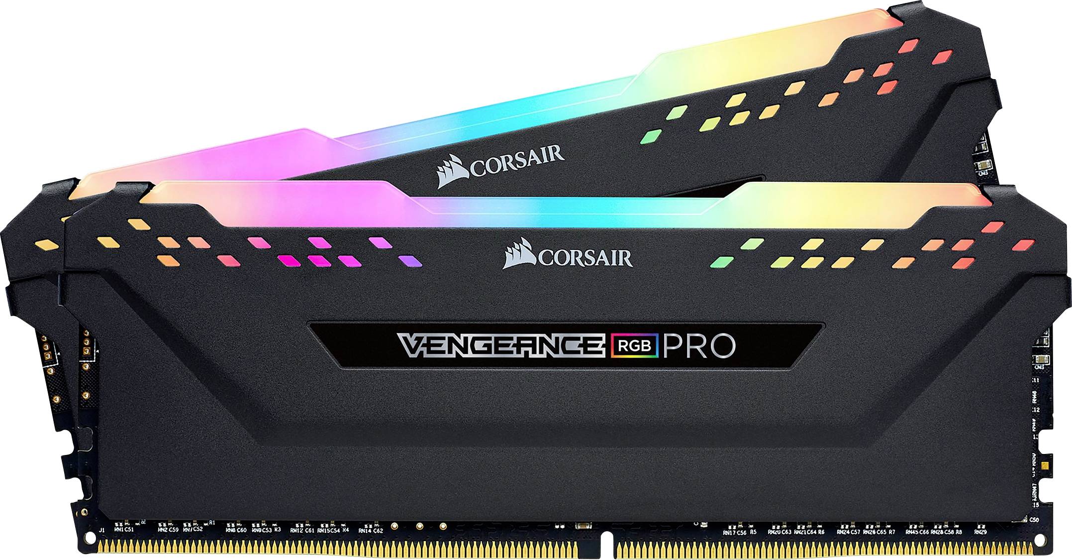 Zwei Corsair Vengeance RGB Pro RAM-Module mit schwarzem Gehäuse und leuchtenden, mehrfarbigen LED-Streifen oben.