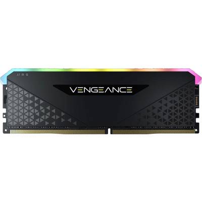 Schwarzer RAM-Riegel mit der Aufschrift 'Vengeance'. Obere Kante mit leuchtendem RGB-Streifen. Hauptkomponente in Computern für Speicher.