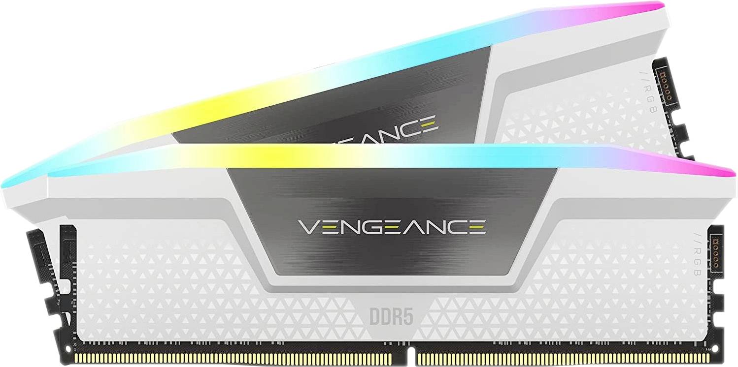 Zwei Corsair Vengeance DDR5-RAM-Module mit weißem Kühlkörper und RGB-Beleuchtung, zeigen modernes Design und hohe Leistung.
