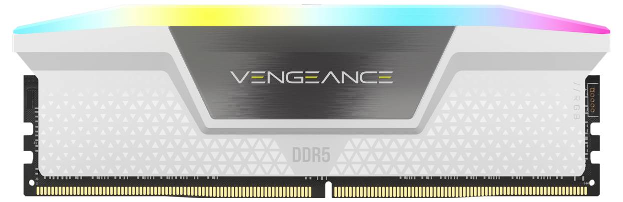RAM-Modul von Corsair mit RGB-Beleuchtung, weißem Gehäuse und 'VENGEANCE'-Aufdruck. DDR5-Technologie für PCs.
