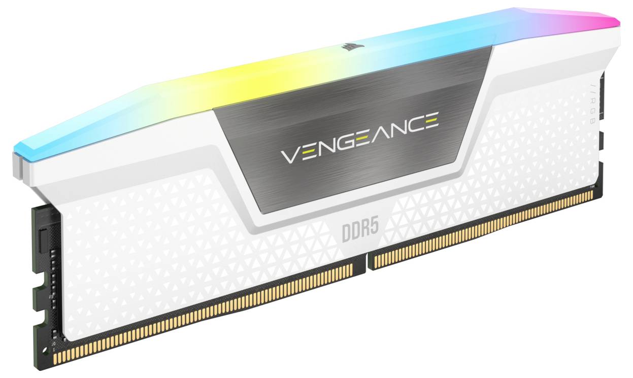 Arbeitsspeicher-Modul mit RGB-Beleuchtung; Markenname 'Vengeance' auf der Vorderseite; DDR5-Technologie.