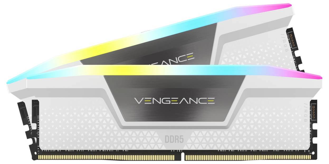 Zwei Corsair Vengeance DDR5 RAM-Module in Weiß mit RGB-Beleuchtung, für Hochleistungscomputer optimiert.