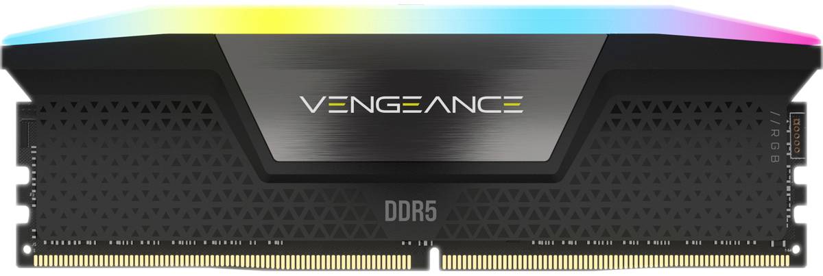 RAM-Modul 'VENGEANCE' mit DDR5-Technologie und RGB-Beleuchtung; schwarz mit farbigem Leuchteffekt oben.