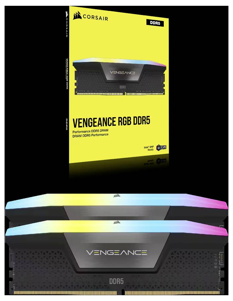 Corsair Vengeance RGB DDR5 RAM-Module mit schwarzem Kühlkörper und leuchtenden RGB-Elementen. Verpackung im Hintergrund.