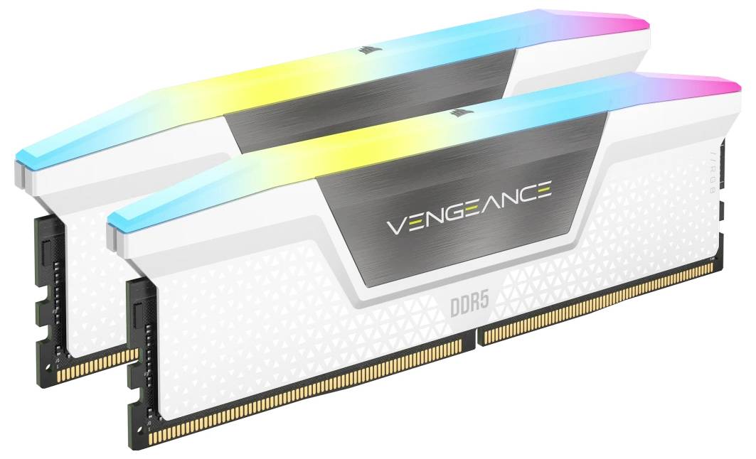 Zwei weiße und silberne DDR5-RAM-Module mit RGB-Beleuchtung und der Aufschrift 'VENGEANCE', geeignet für Desktop-Computer.