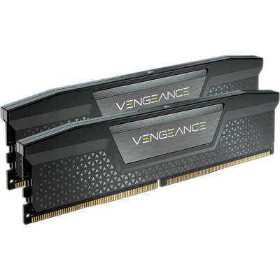 Zwei Corsair Vengeance RAM-Module, schwarz mit grauem Akzent und gelbem Logo, geeignet für PC-Speichererweiterung.