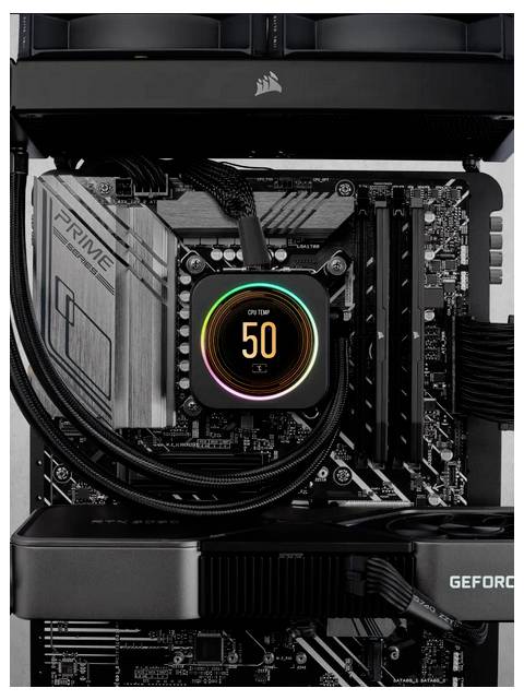 Ein offener Computer zeigt ein Mainboard mit eingebauten Komponenten. Im Mittelpunkt steht eine runde Anzeige mit der Zahl '50'.
