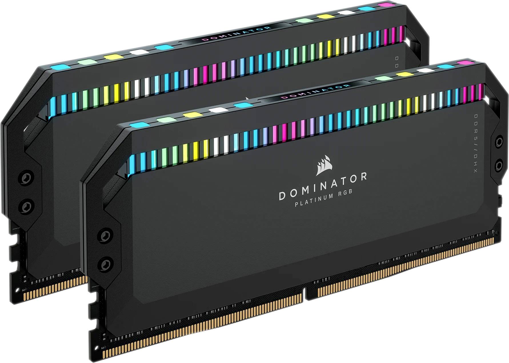 Zwei Corsair Dominator Platinum RGB RAM-Module mit beleuchteten Oberkanten in verschiedenen Farben, geeignet für Computer.