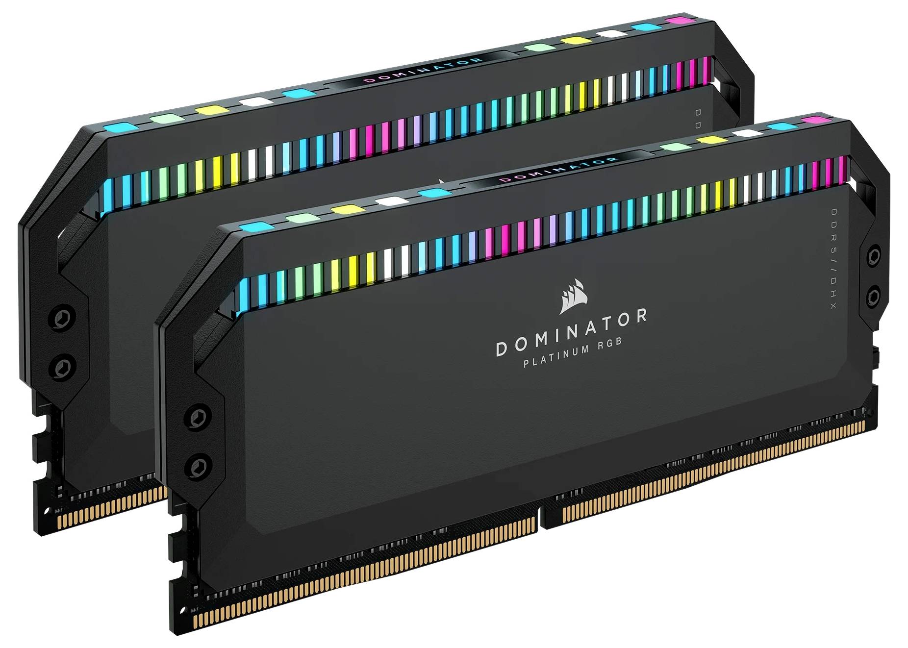 Zwei Speichermodule mit RGB-Beleuchtung, Aufschrift 'Dominator Platinum RGB', geeignet für Computer, zeigen leuchtende Farben.