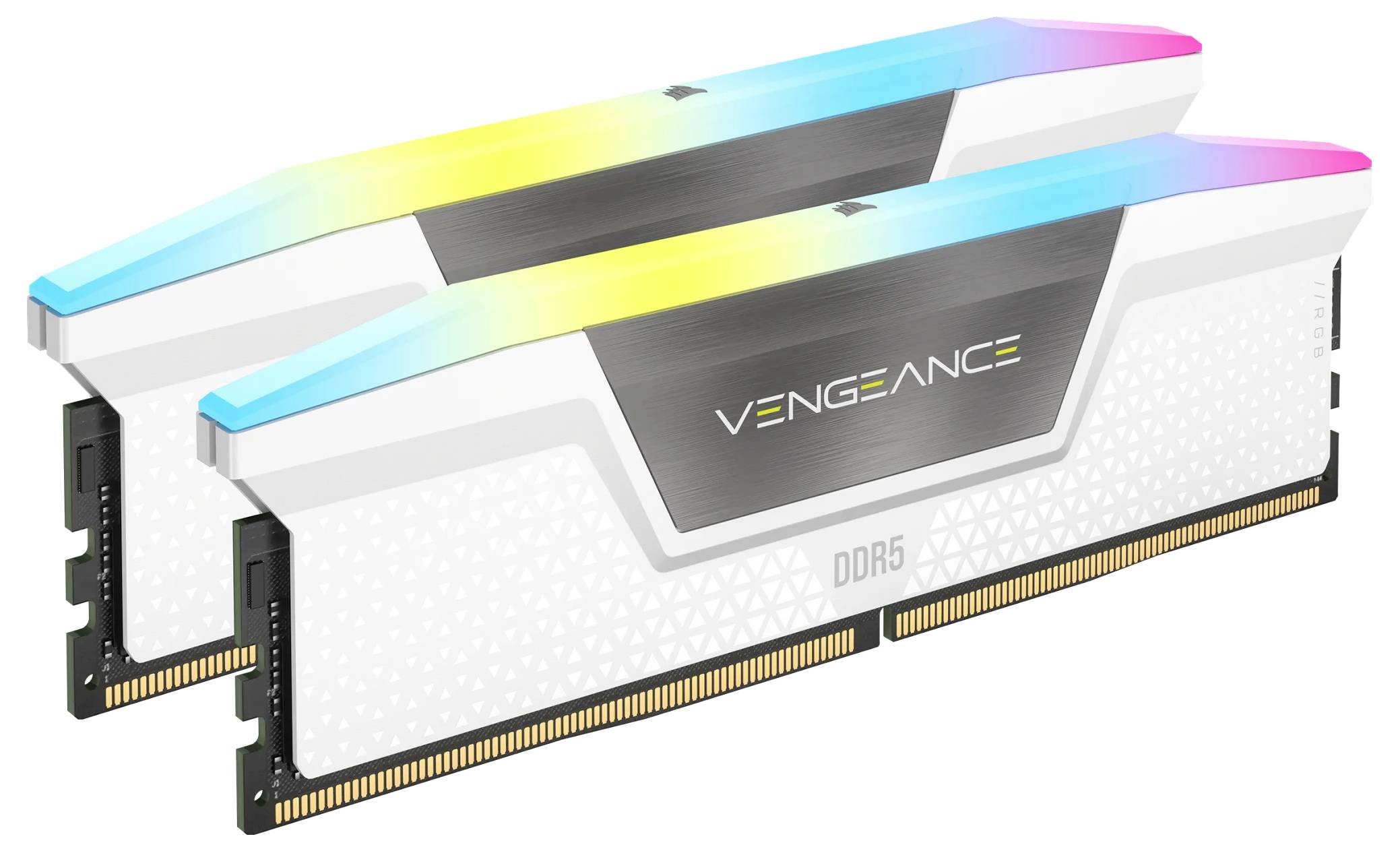 Zwei Computer-RAM-Module mit RGB-Beleuchtung, Beschriftung 'Vengeance', DDR5. Sie sind nebeneinander angeordnet.