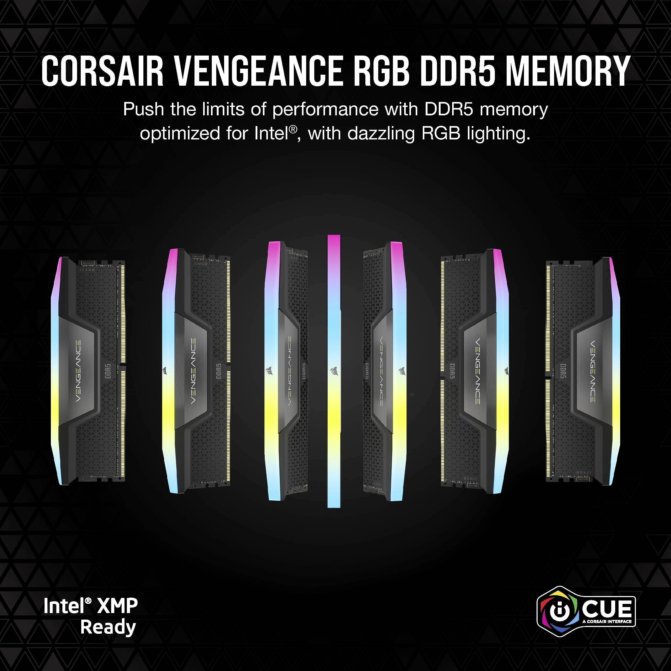 Sechs Corsair Vengeance RGB DDR5 RAM-Riegel. Text: 'Push the limits of performance with DDR5 memory optimized for Intel®, with dazzling RGB lighting.' Intel XMP Ready, mit iCUE-Unterstützung.