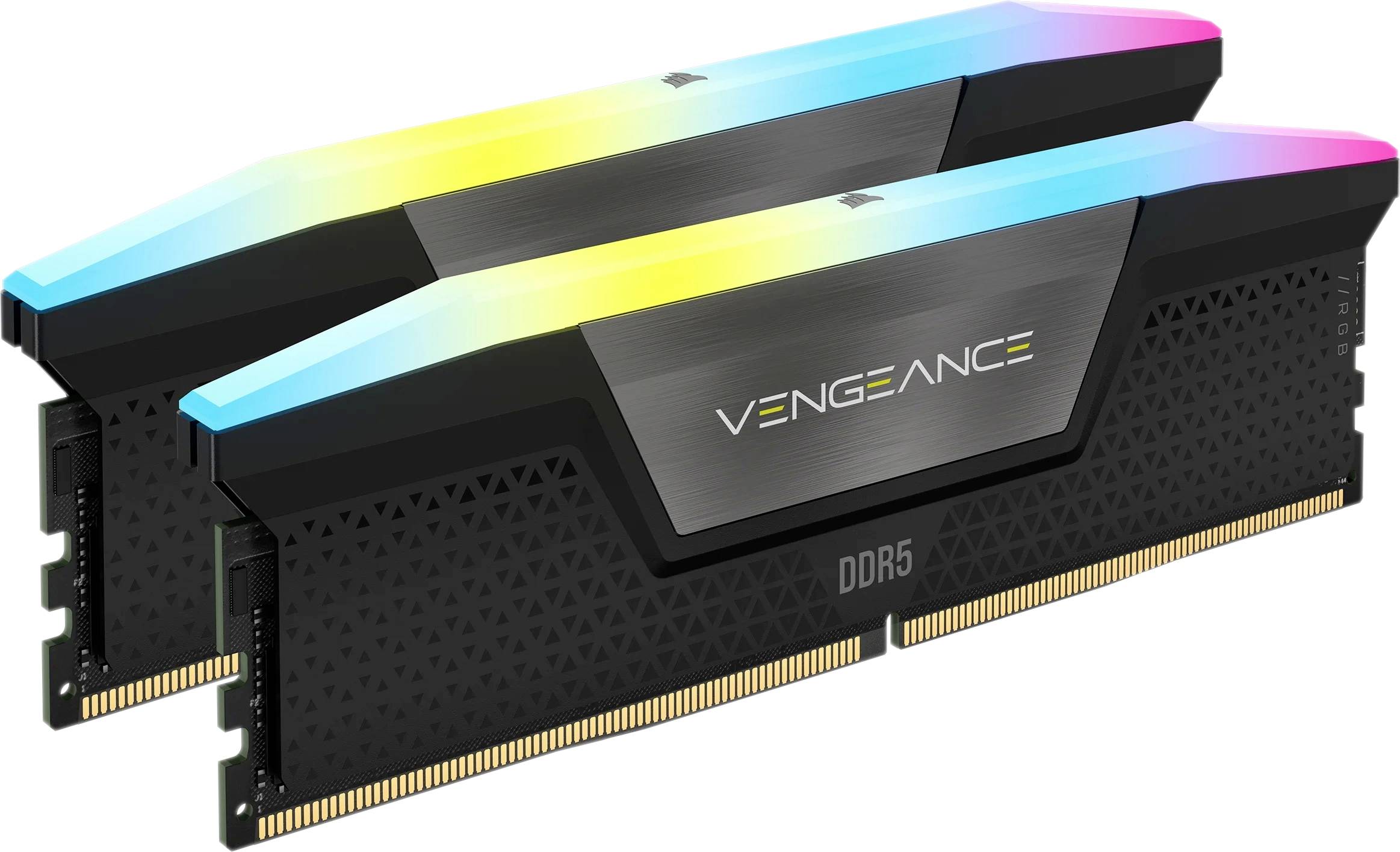 Zwei DDR5 RAM-Module mit RGB-Beleuchtung und der Aufschrift 'Vengeance'. Sie sind für Hochleistungs-PCs geeignet.