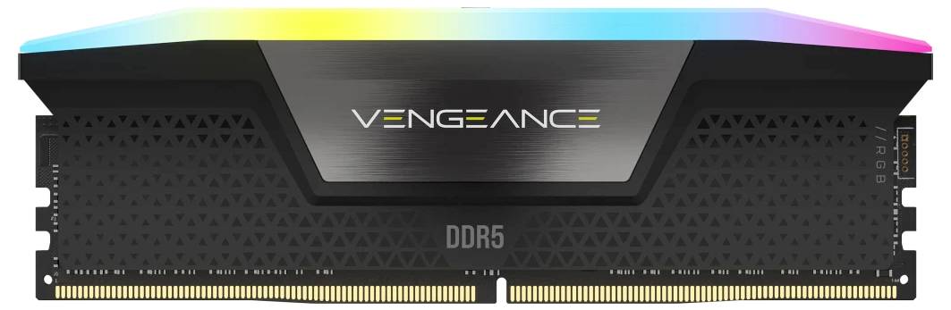 'Corsair Vengeance DDR5 RAM-Modul mit RGB-Beleuchtung, schwarzes Design, geeignet für High-Performance-Computer.'
