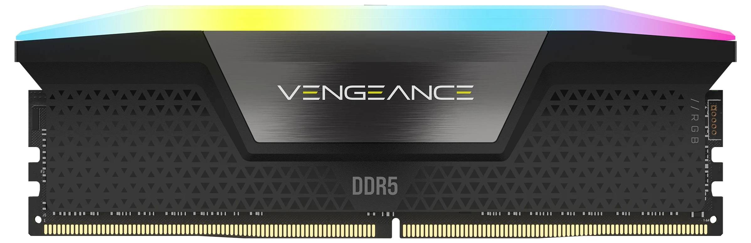 Ein RAM-Modul der Marke 'Vengeance' mit DDR5-Technologie. Es hat ein schwarzes Design mit RGB-Lichtleiste oben.