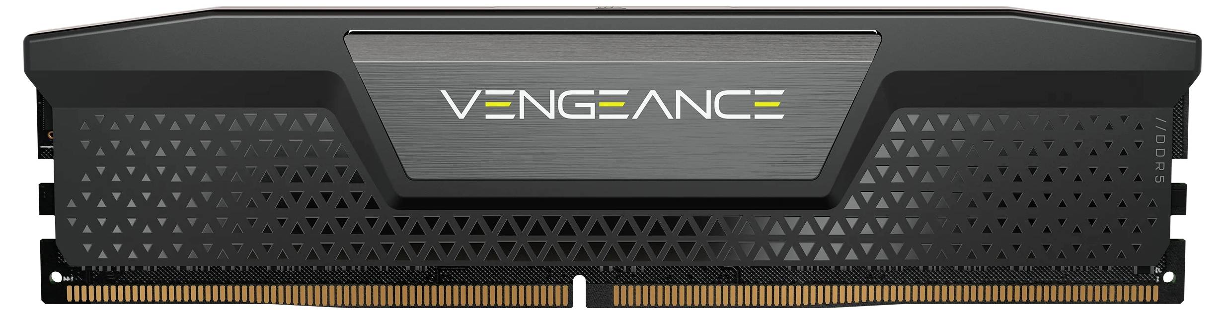 Eine schwarze Computerram mit der Aufschrift 'Vengeance' in gelber und weißer Schrift. Sie hat ein perforiertes Design.