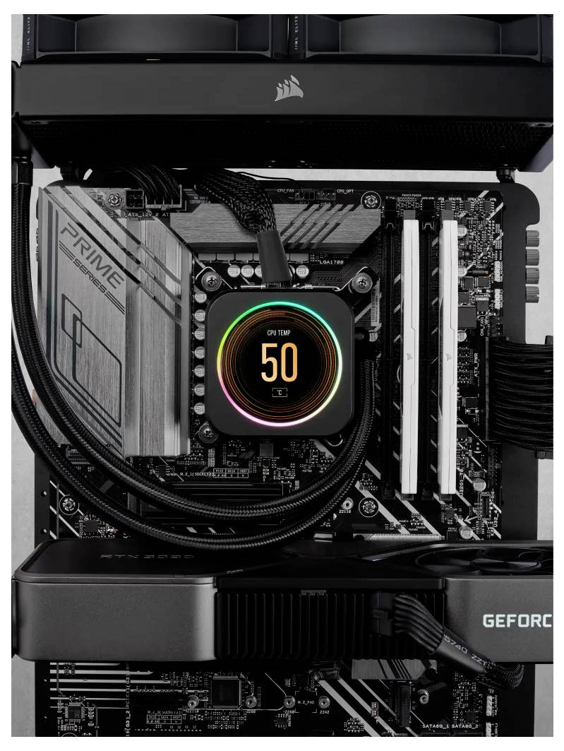 Computer-Motherboard mit Komponenten, darunter eine Kühlungseinheit mit einer digitalen Anzeige, die '50 Grad' zeigt und der Aufschrift 'CPU TEMP'.