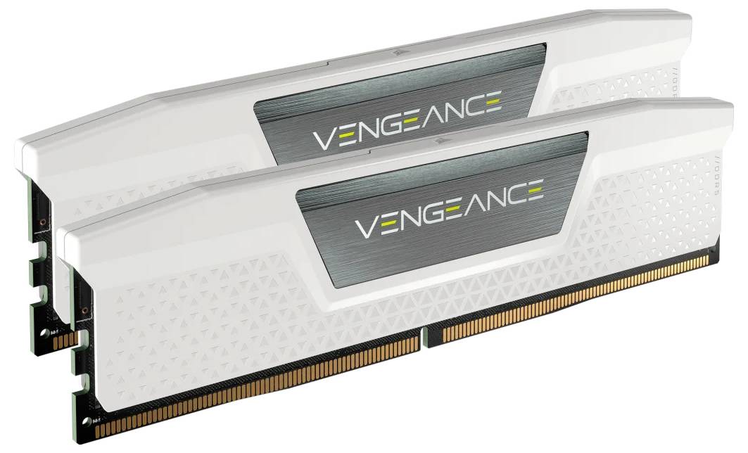 Zwei weiße RAM-Module der Marke Vengeance, die in einem Computer installiert werden können, um Speicherleistung zu verbessern.