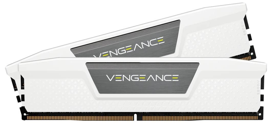 Zwei weiße Computer-RAM-Module der Marke 'Vengeance' übereinander gestapelt, mit schwarzem und gelbem Logo darauf.