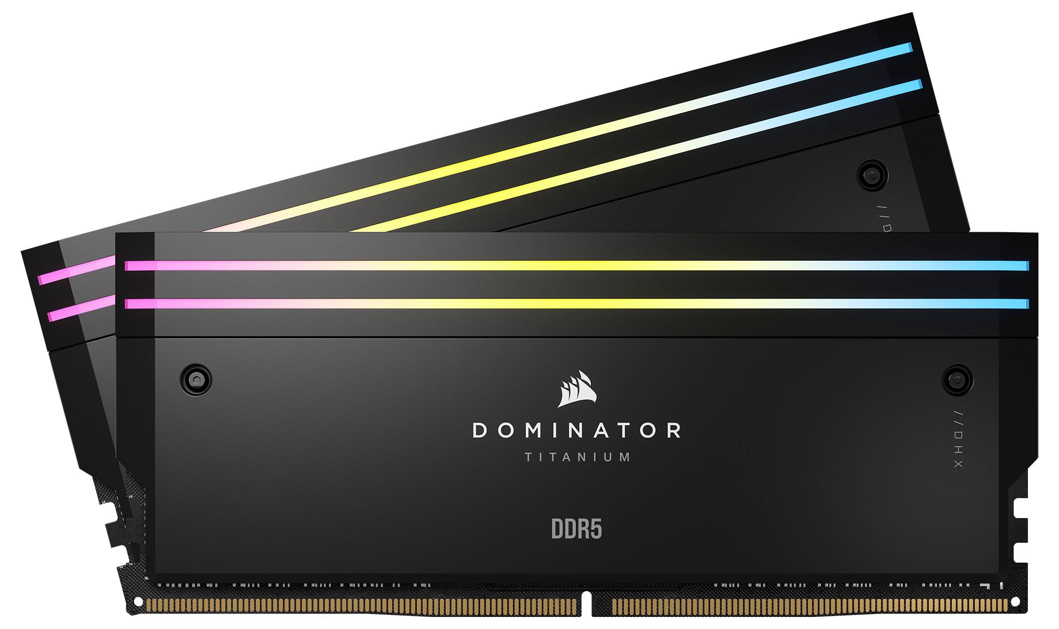 Zwei schwarze RAM-Module der Marke mit schimmernden RGB-Streifen und der Aufschrift 'DOMINATOR Titanium DDR5'. Geeignet für Computer.