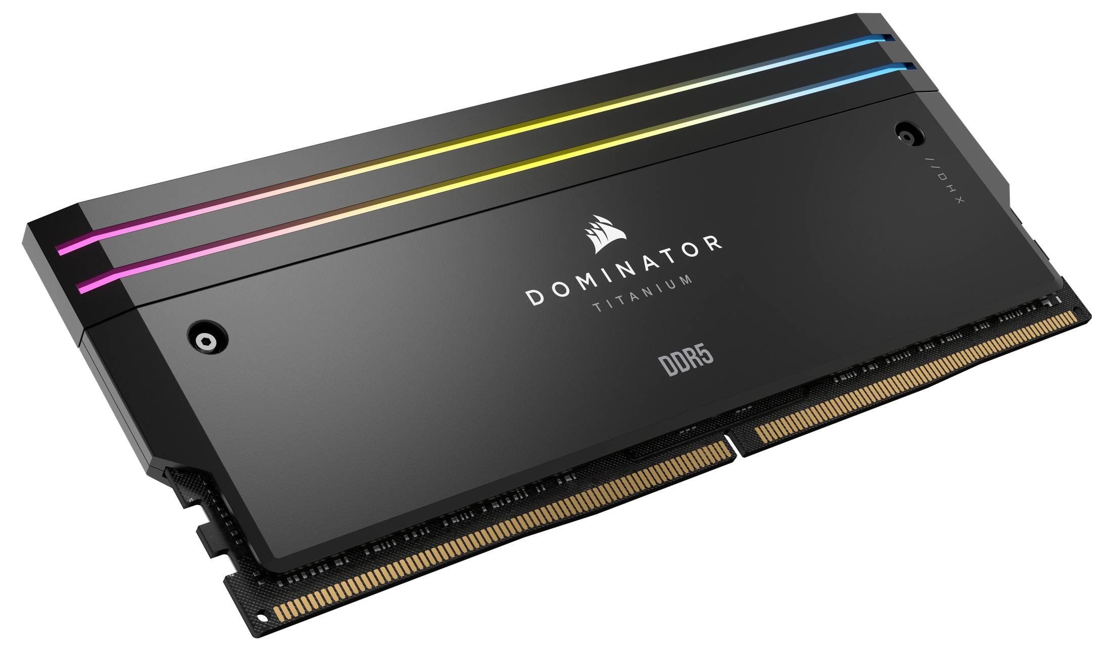 Schwarzer DDR5-RAM-Baustein mit Regenbogen-LED-Leiste und der Aufschrift 'DOMINATOR TITANIUM'. Hochleistungsarbeitsspeicher.