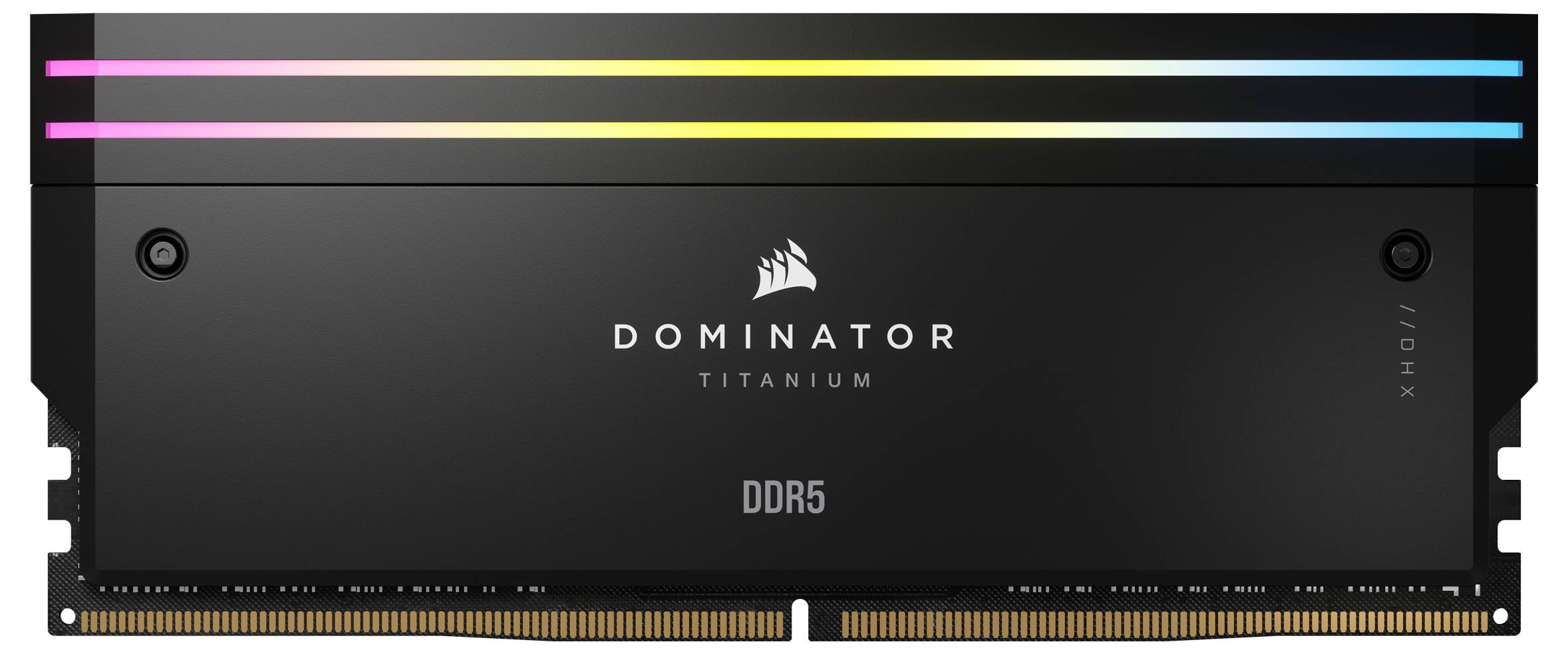 Ein schwarzer DDR5-RAM-Riegel mit dem Schriftzug 'Dominator Titanium'. Oben befinden sich leuchtende RGB-Streifen.