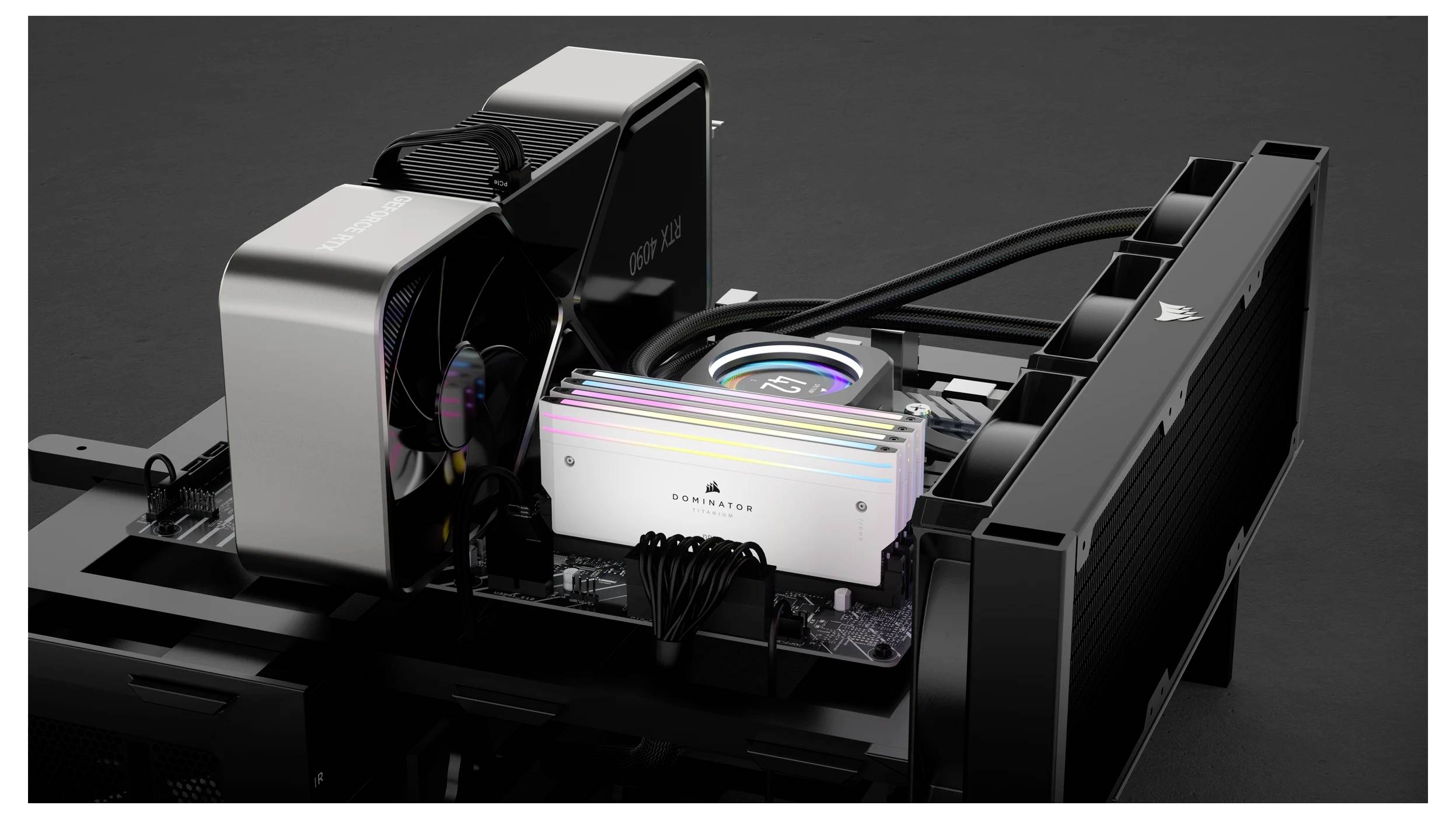 Ein horizontal montiertes PC-Kühlsystem mit mehreren Lüftern und farbigen Lichtern auf einer schwarzen Oberfläche.