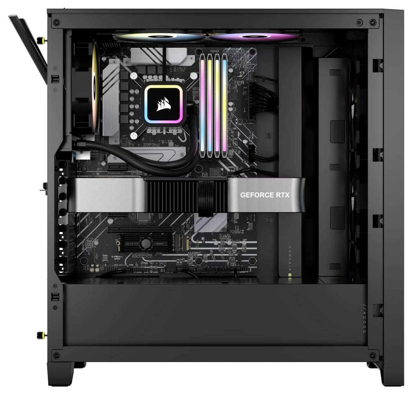 Ein geöffnetes Computergehäuse zeigt eine verbaute Grafikkarte 'Geforce RTX', RGB-beleuchtete RAM-Sticks und ein Corsair Wasserkühlungssystem.