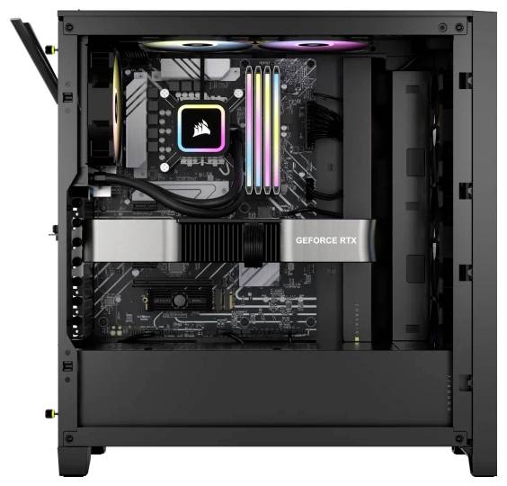 Ein geöffneter PC-Tower zeigt eine GeForce RTX-Grafikkarte, RGB-beleuchtete RAM-Module und einen Corsair-Wasserkühlblock.