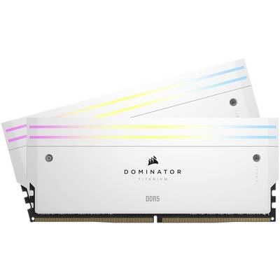 Zwei Corsair Dominator Titanium DDR5 RAM-Module mit weißem Gehäuse und RGB-Beleuchtung, geeignet für leistungsstarke PCs.