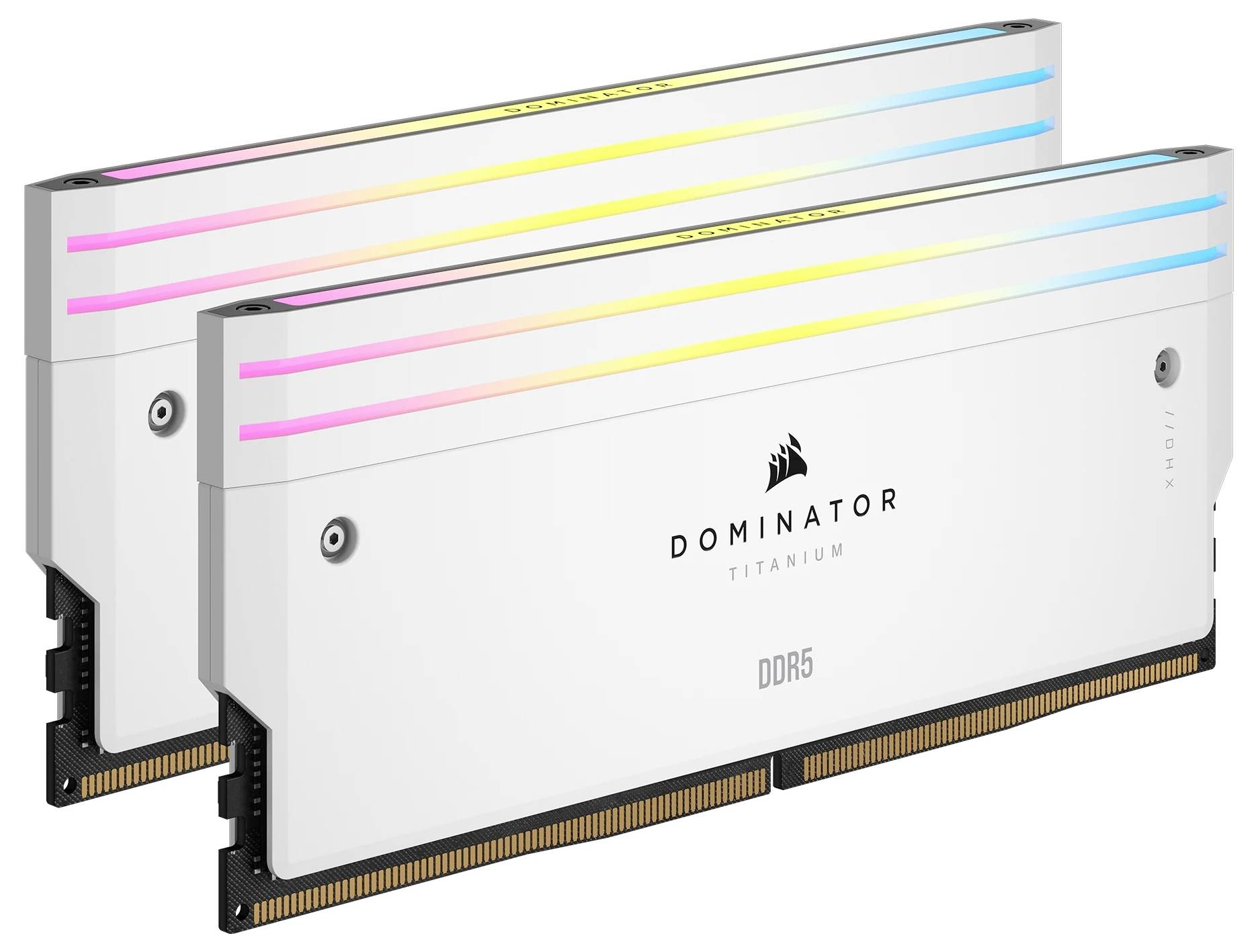 Zwei weiße DDR5-RAM-Module mit der Aufschrift 'DOMINATOR TITANIUM'. Oben leuchten RGB-LED-Streifen in verschiedenen Farben.