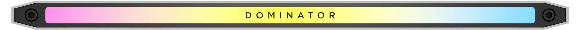 Schmale, längliche Lichtleiste zeigt Farbverlauf von Rosa nach Gelb. In der Mitte steht 'DOMINATOR' in schwarzen Großbuchstaben.